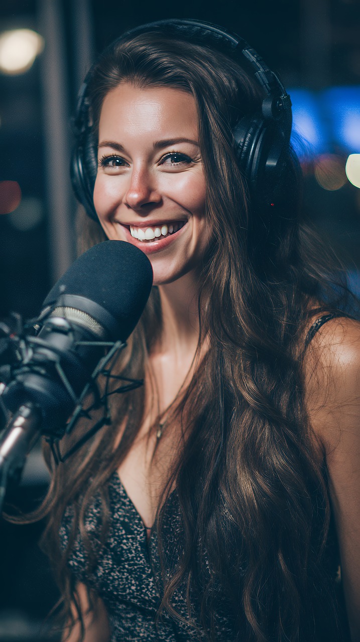 woman, microphone, headphone, radio, host, studio, broadcast, podcast, presenter, professional, equipment, sound, music, communication, interview, media, online, audio, technology, network, talking, speaker, person, ai generated
